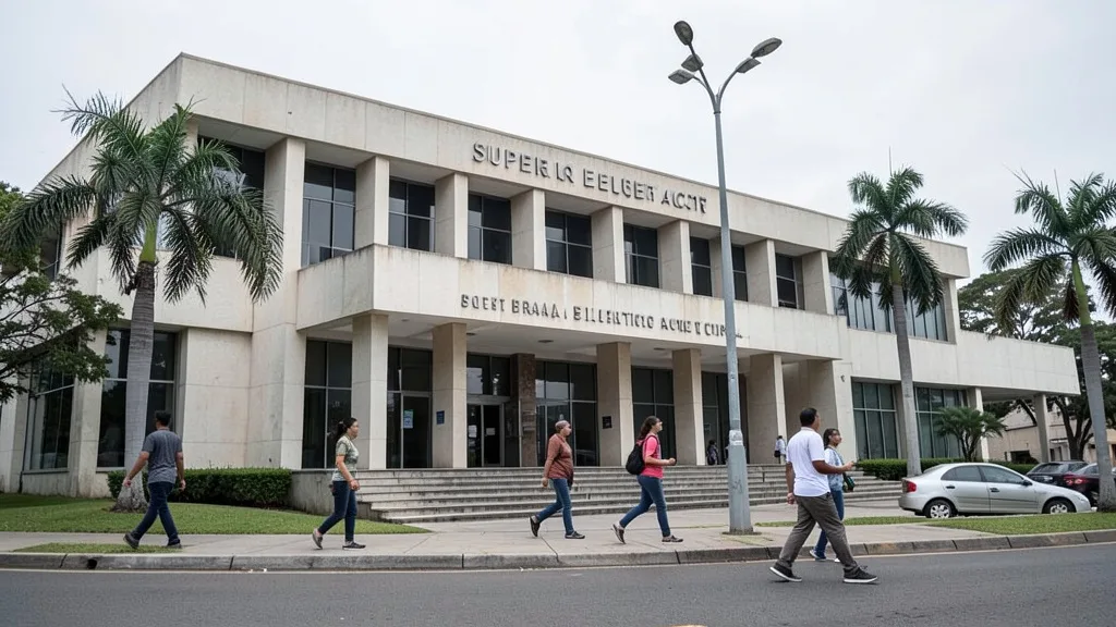 Imagem gerada por IA: Fachada do Tribunal Superior Eleitoral, em Brasília, com pessoas caminhando diante do prédio.