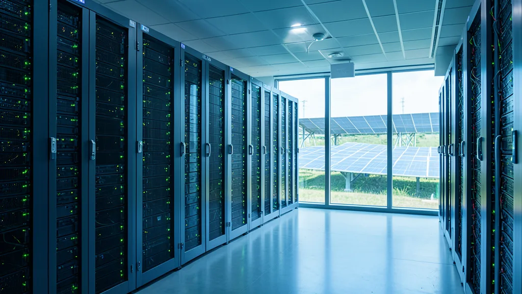 Imagem gerada por IA: Fileiras de servidores em um data center moderno, com painéis solares visíveis ao fundo.