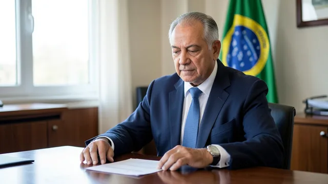 Imagem gerada por IA: Lula em um escritório presidencial, sentado à mesa com documentos.