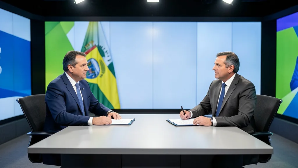 Imagem gerada por IA: Dois candidatos genéricos em um debate, com documentos sobre a mesa.