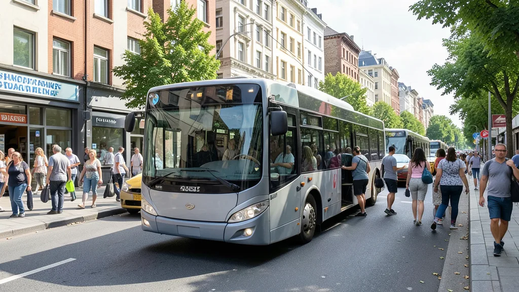 Imagem gerada por IA: Ônibus urbano circula por uma rua movimentada durante o dia.