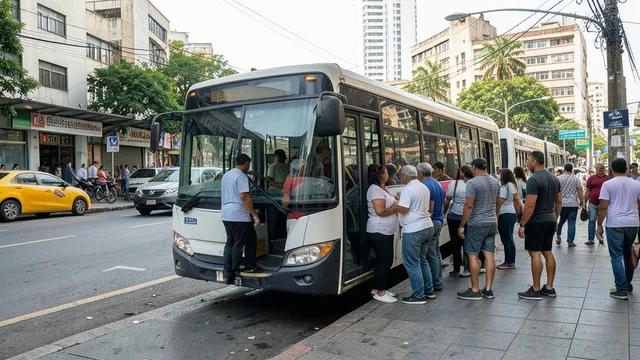 Imagem gerada por IA: Passageiros embarcam em um ônibus urbano em uma estação movimentada.