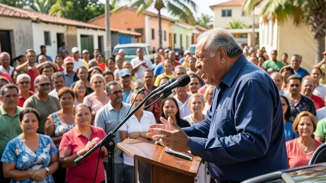 Imagem gerada por IA: Lula discursa para apoiadores em ato de campanha ao ar livre em Natal.
