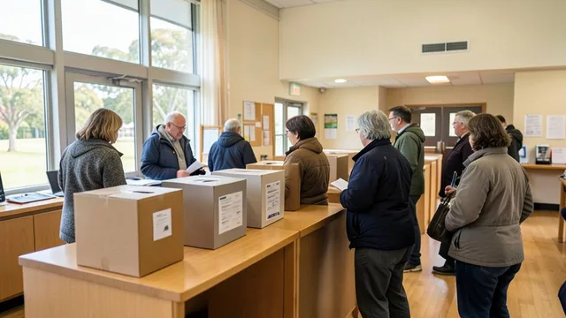 Imagem gerada por IA: Eleitores votam em uma seção eleitoral montada em um salão comunitário.
