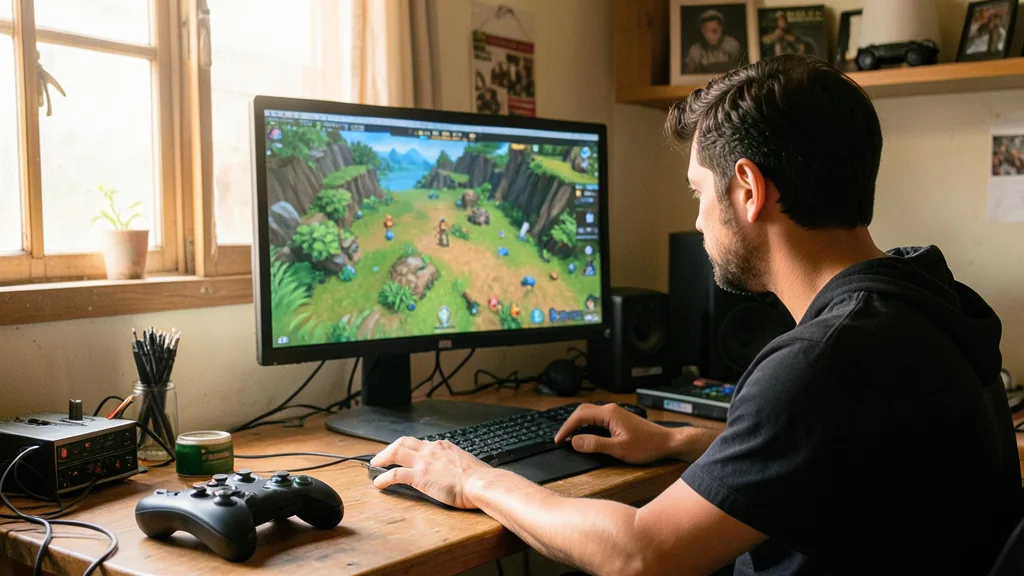 Imagem gerada por IA: Desenvolvedor trabalha em um estúdio de criação de jogos eletrônicos.