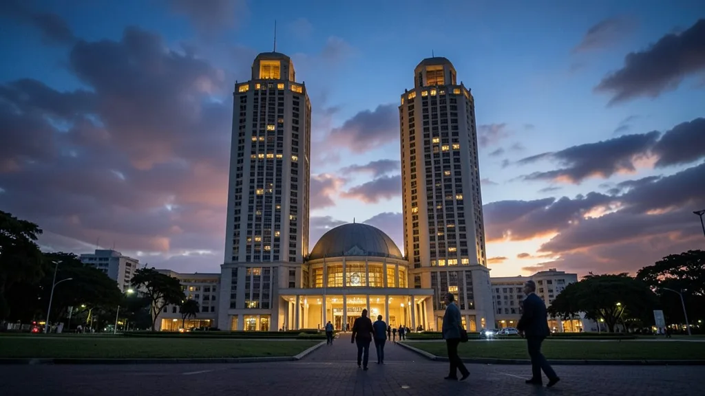 Imagem gerada por IA: Congresso Nacional em Brasília iluminado ao anoitecer, com parlamentares ao longe.