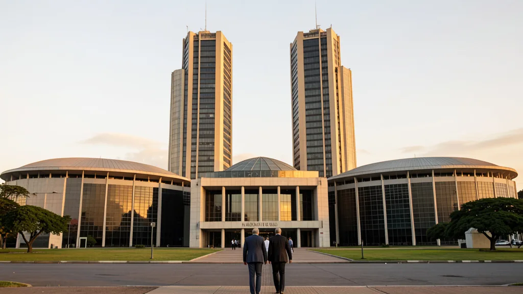 Imagem gerada por IA: Congresso Nacional em Brasília ao entardecer, com pessoas se aproximando da entrada.