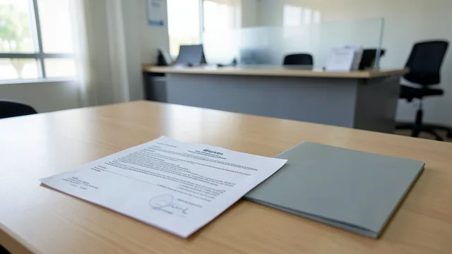 Documento judicial e pasta sobre uma mesa, com um posto de atendimento previdenciário ao fundo.