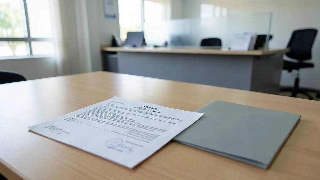 Documento judicial e pasta sobre uma mesa, com um posto de atendimento previdenciário ao fundo.