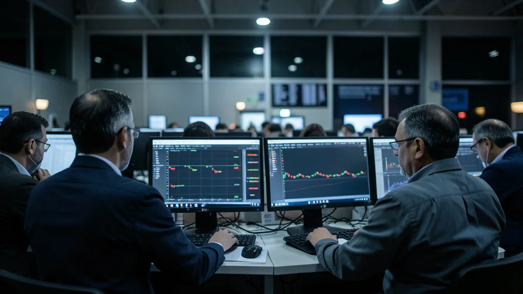 Imagem gerada por IA: Operadores acompanham o mercado financeiro em uma sala de negociação.