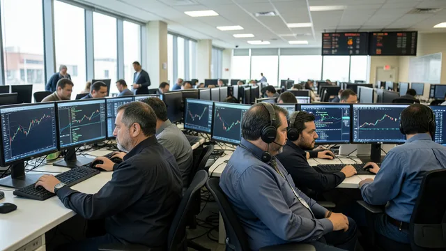 Imagem gerada por IA: Operadores acompanham o mercado em uma sala de negociação financeira.