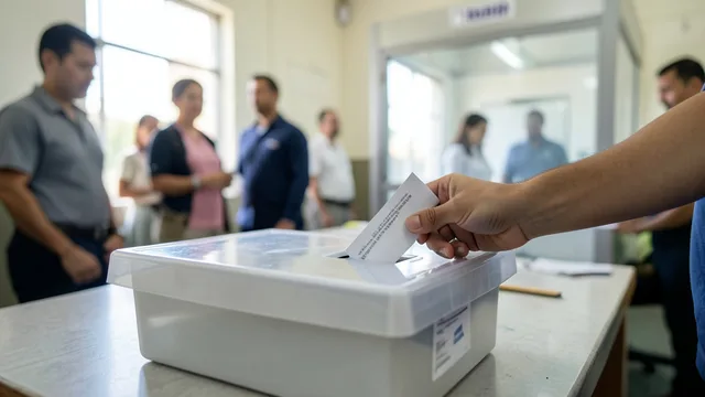 Imagem gerada por IA: Eleitor deposita uma cédula em uma urna durante a votação.