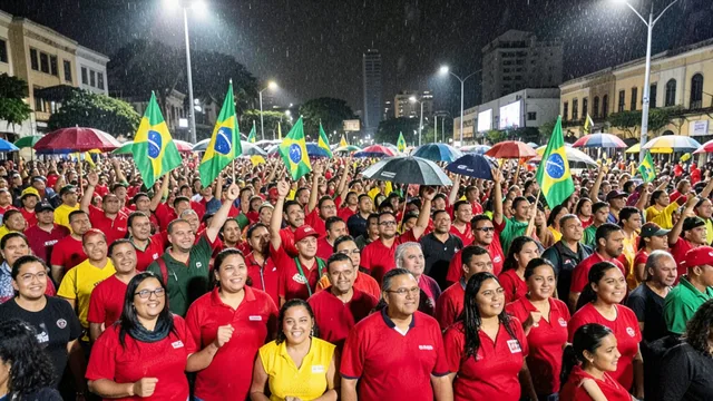 Imagem gerada por IA: Apoiadores vestidos de vermelho comemoram em uma praça durante a noite, sob chuva leve.