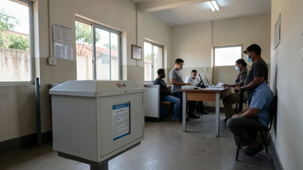 Imagem gerada por IA: Urna em uma seção eleitoral, com eleitores ao fundo.
