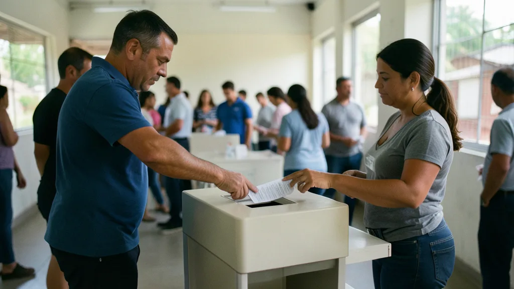 Imagem gerada por IA: Eleitora deposita uma cédula em uma urna durante a votação.