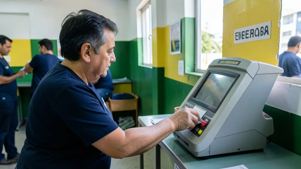 Imagem gerada por IA: Eleitor deposita o voto em uma urna eletrônica em seção eleitoral.