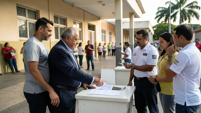Imagem gerada por IA: Lula vota em uma escola de São Bernardo do Campo, acompanhado por aliados.