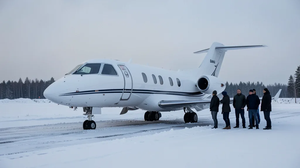 Imagem gerada por IA: Jato executivo em uma pista coberta de neve, com pessoas ao lado da aeronave.
