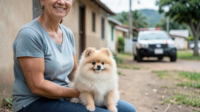 Cão Lulu da Pomerânia ao lado de sua tutora em uma rua de Joinville, com uma viatura ao fundo.