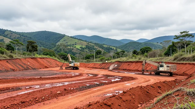 Área de exploração mineral em Minas Gerais, com solo avermelhado, equipamento de perfuração e morros ao fundo.