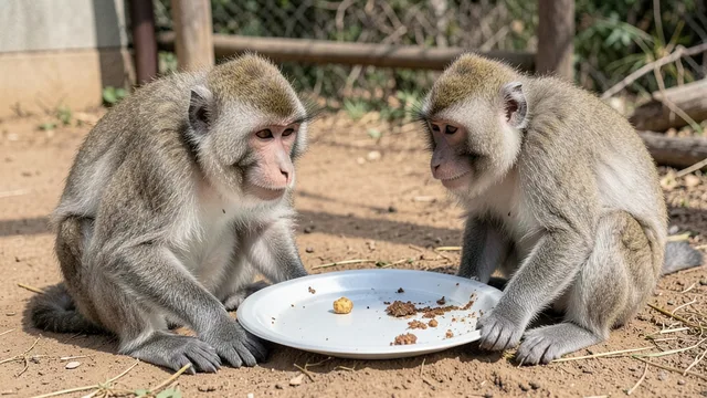 Imagem gerada por IA: Macacos-japoneses observam alimentos em uma área de um santuário.