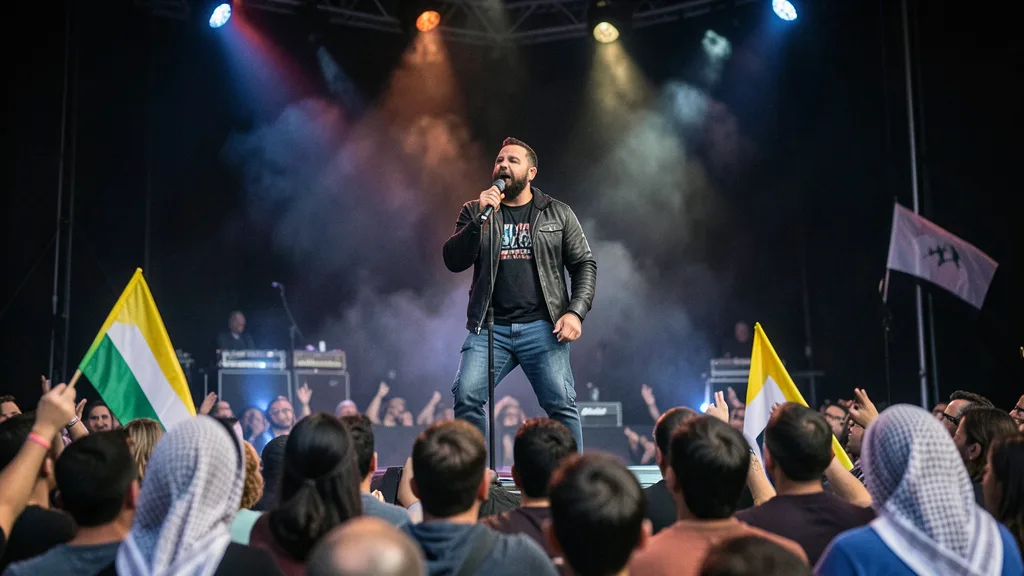 Imagem gerada por IA: Macklemore se apresenta em Dublin diante de uma plateia com bandeiras palestinas.