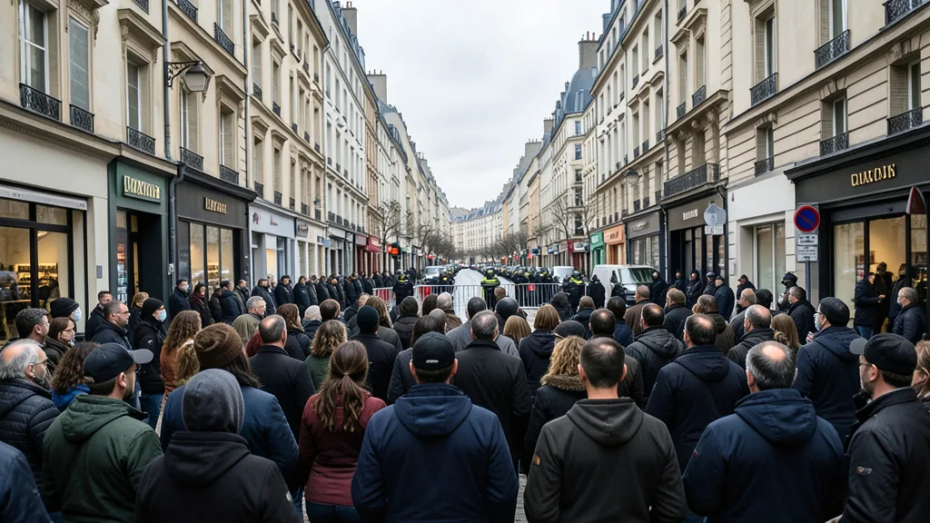 Imagem gerada por IA: Manifestantes ocupam uma rua de uma cidade francesa, com barreiras policiais ao fundo.