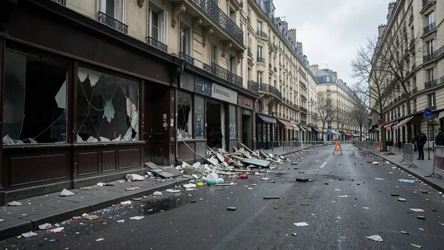 Imagem gerada por IA: Rua de Paris com uma vitrine danificada, destroços e barreiras policiais ao fundo.