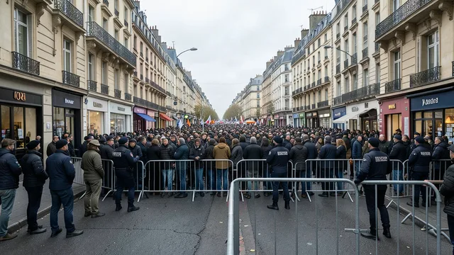 Imagem gerada por IA: Policiais monitoram uma manifestação em uma rua de cidade francesa.