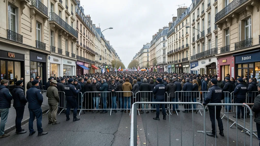 Imagem gerada por IA: Policiais monitoram uma manifestação em uma rua de cidade francesa.
