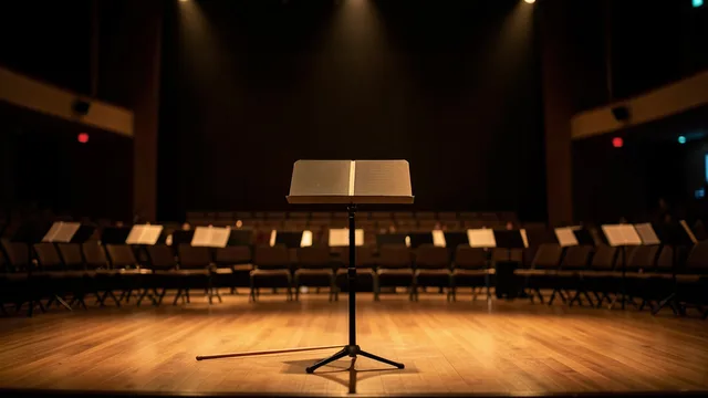 Palco de concerto vazio, com estante de partitura e batuta sob luzes suaves.