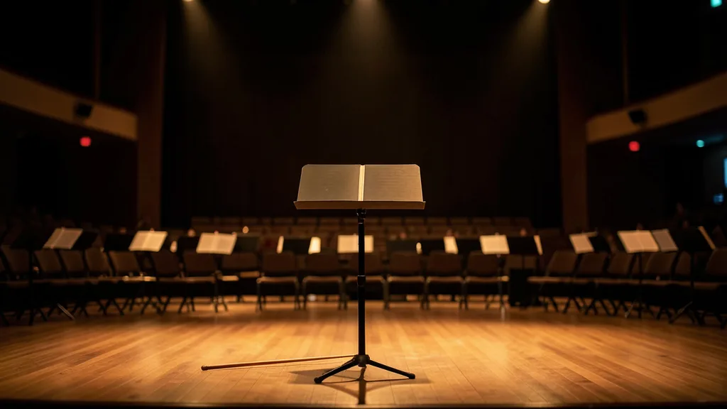 Palco de concerto vazio, com estante de partitura e batuta sob luzes suaves.