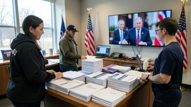 Imagem gerada por IA: Voluntários preparam materiais em um escritório de campanha com bandeiras dos Estados Unidos ao fundo.
