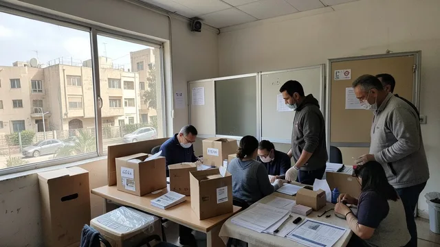 Imagem gerada por IA: Urnas e cabines sendo preparadas em um local de votação palestino.