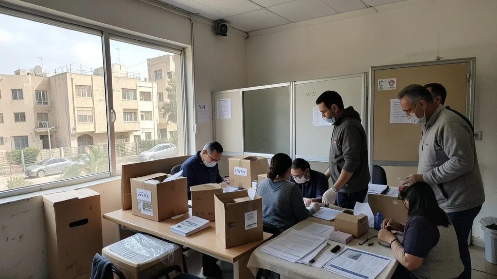 Imagem gerada por IA: Urnas e cabines sendo preparadas em um local de votação palestino.