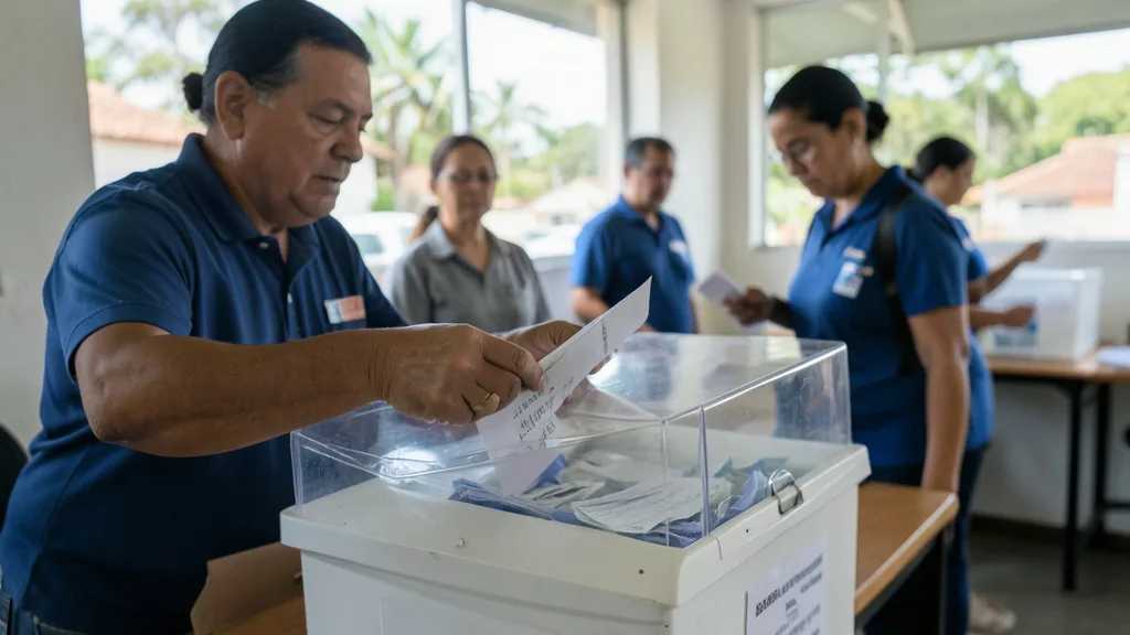 Imagem gerada por IA: Eleitor deposita uma cédula em uma urna em local de votação.