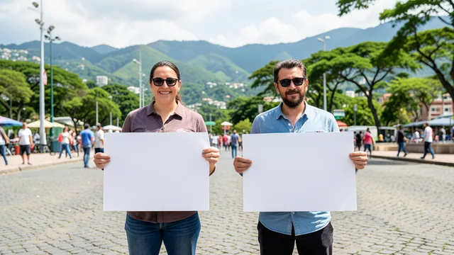 Imagem gerada por IA: Apoiadores seguram cartazes sem inscrições em uma praça de Rio Branco, em referência à eleição para o governo do Acre.