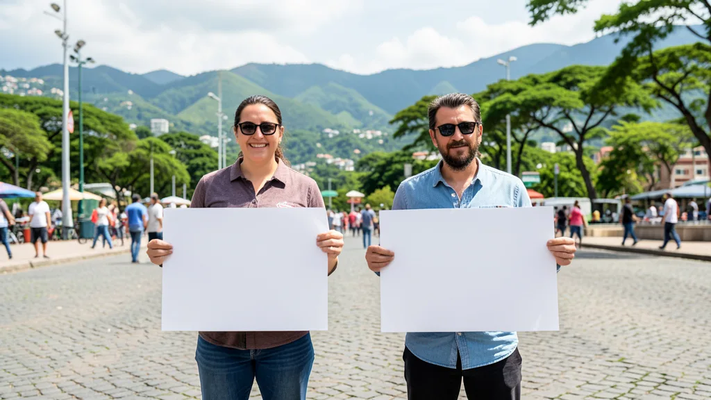 Imagem gerada por IA: Apoiadores seguram cartazes sem inscrições em uma praça de Rio Branco, em referência à eleição para o governo do Acre.