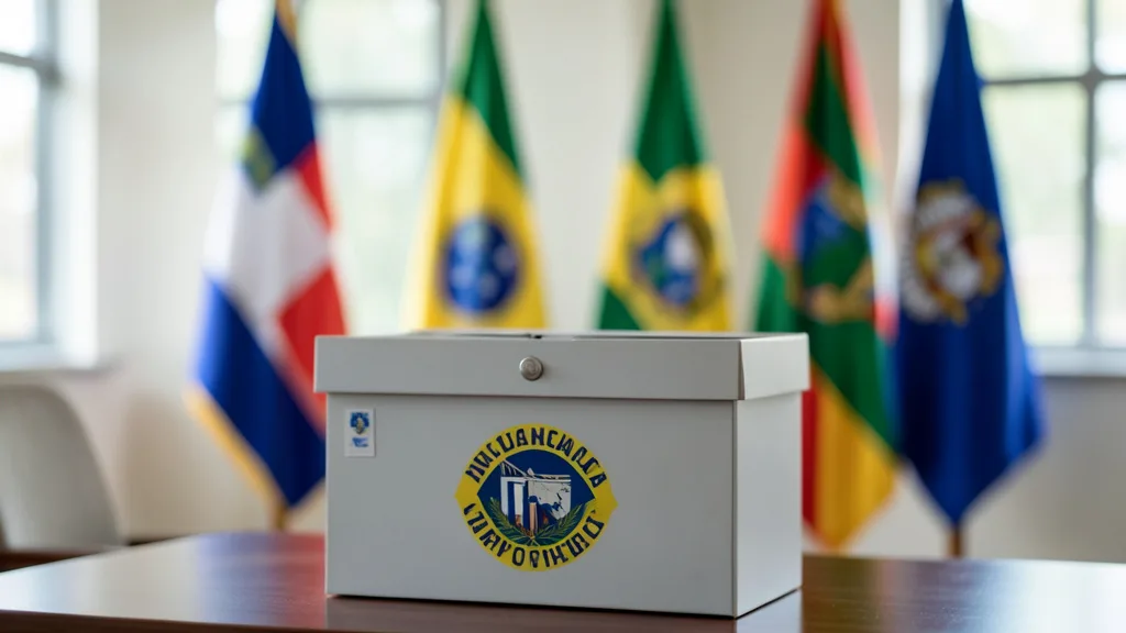 Imagem gerada por IA: Urna eleitoral brasileira diante de bandeiras de vários países.