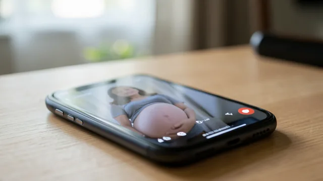 Imagem gerada por IA: Celular exibindo um vídeo de uma mulher falando sobre uma gravidez, sem detalhes identificáveis.