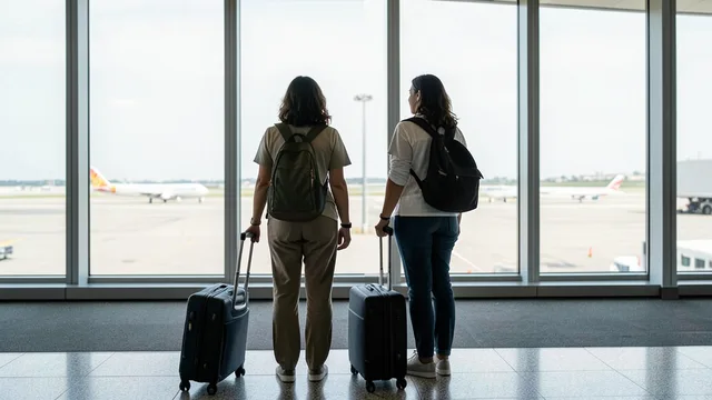 Imagem gerada por IA: Duas viajantes com malas em um terminal de aeroporto, com aviões visíveis ao fundo.