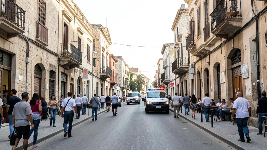 Imagem gerada por IA: Rua de Alexandria com arquitetura mediterrânea e um veículo policial ao fundo.