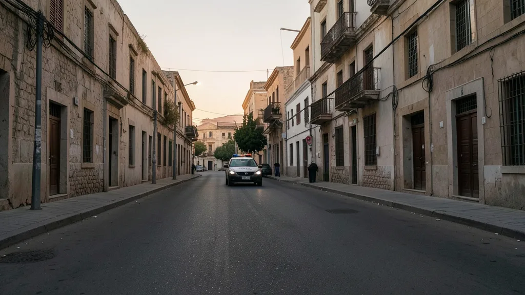 Imagem gerada por IA: Rua de Alexandria ao entardecer, com uma viatura ao fundo.