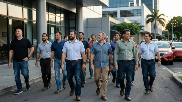 Imagem gerada por IA: Trabalhadores deixam juntos o local de trabalho ao fim do turno.