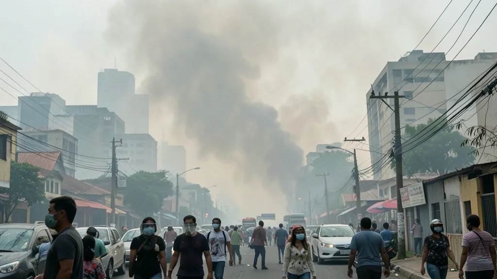 Imagem gerada por IA: Fumaça densa cobre uma rua de Manaus, onde pessoas usam máscaras de proteção.
