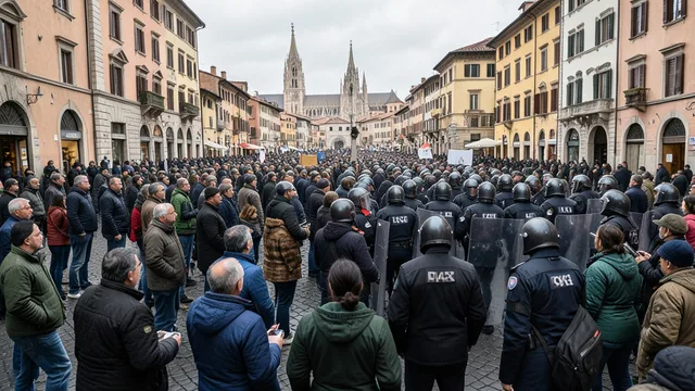Imagem gerada por IA: Manifestantes diante de policiais em uma praça de uma cidade italiana.
