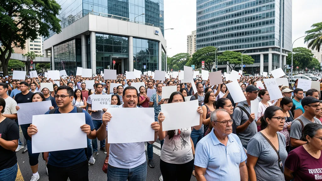 Imagem gerada por IA: Manifestantes com cartazes em frente a um prédio comercial em São Paulo.