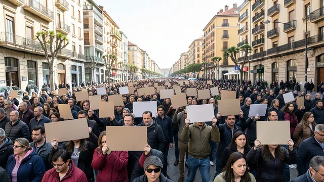 Manifestantes ocupam uma avenida espanhola em protesto pelo direito à moradia.