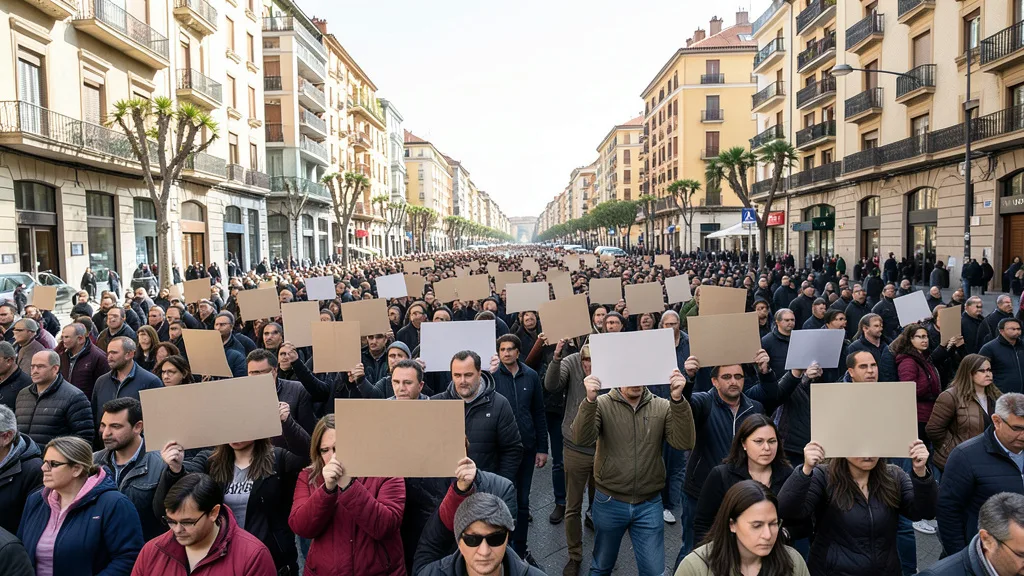 Manifestantes ocupam uma avenida espanhola em protesto pelo direito à moradia.