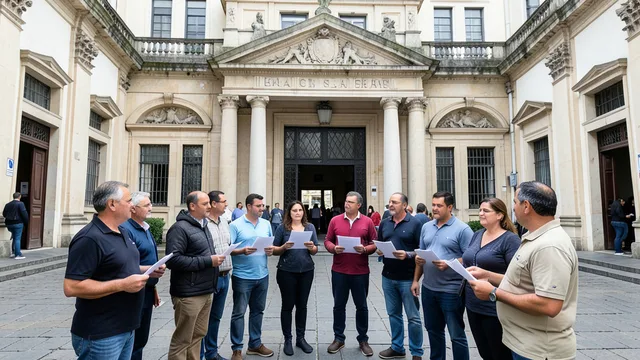 Imagem gerada por IA: Participantes se reúnem no pátio de uma faculdade de direito para um ato cívico.